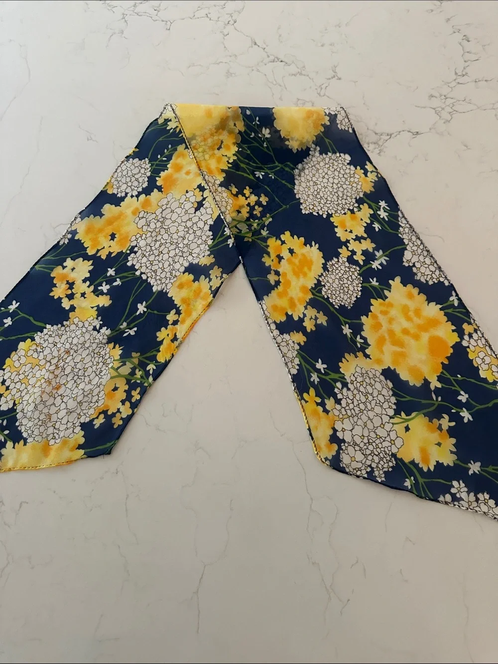 Navy Floral Chiffon Scarf with Yellow & White Blooms